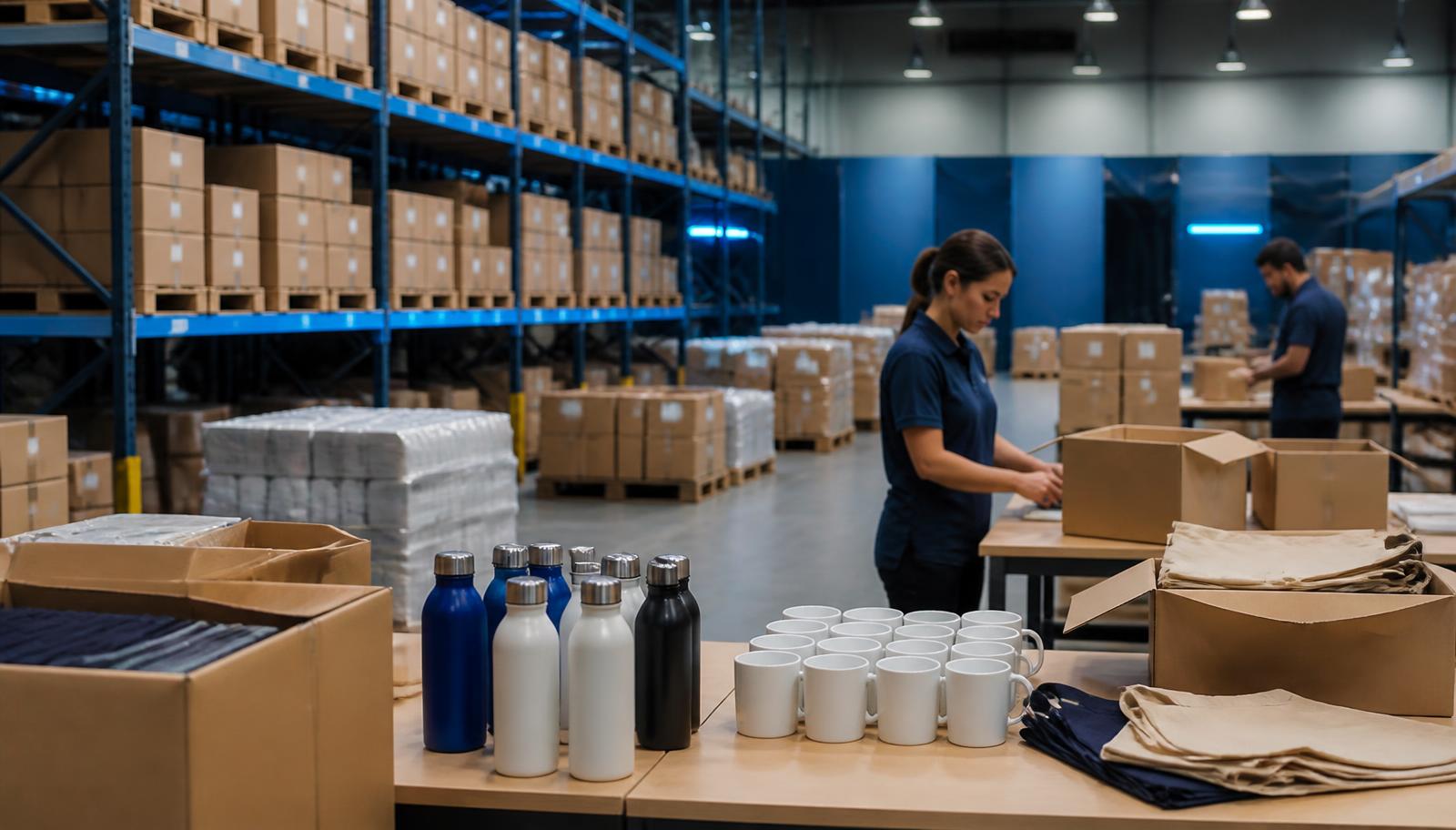 Centro de distribuição moderno com estoque organizado de produtos promocionais