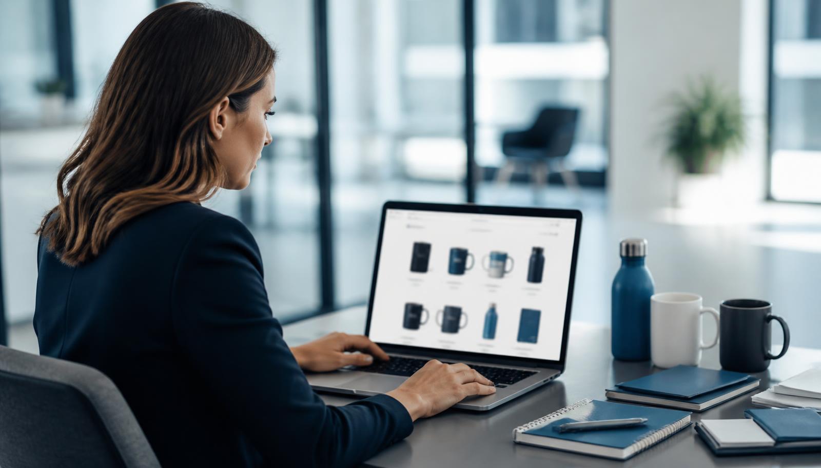 Profissional montando um orçamento de produtos promocionais no computador