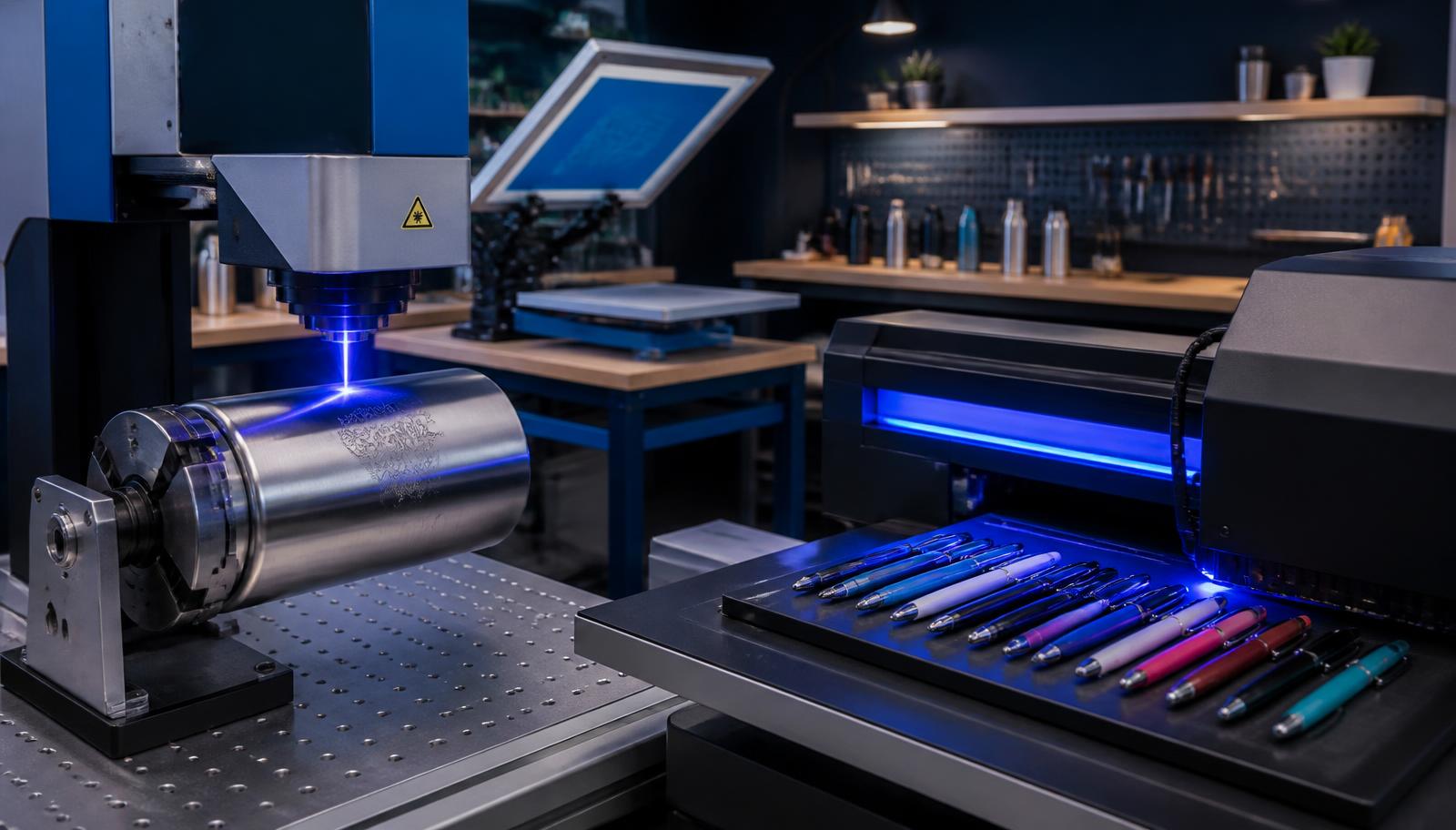 Oficina de personalização com equipamentos de gravação a laser e impressão UV
